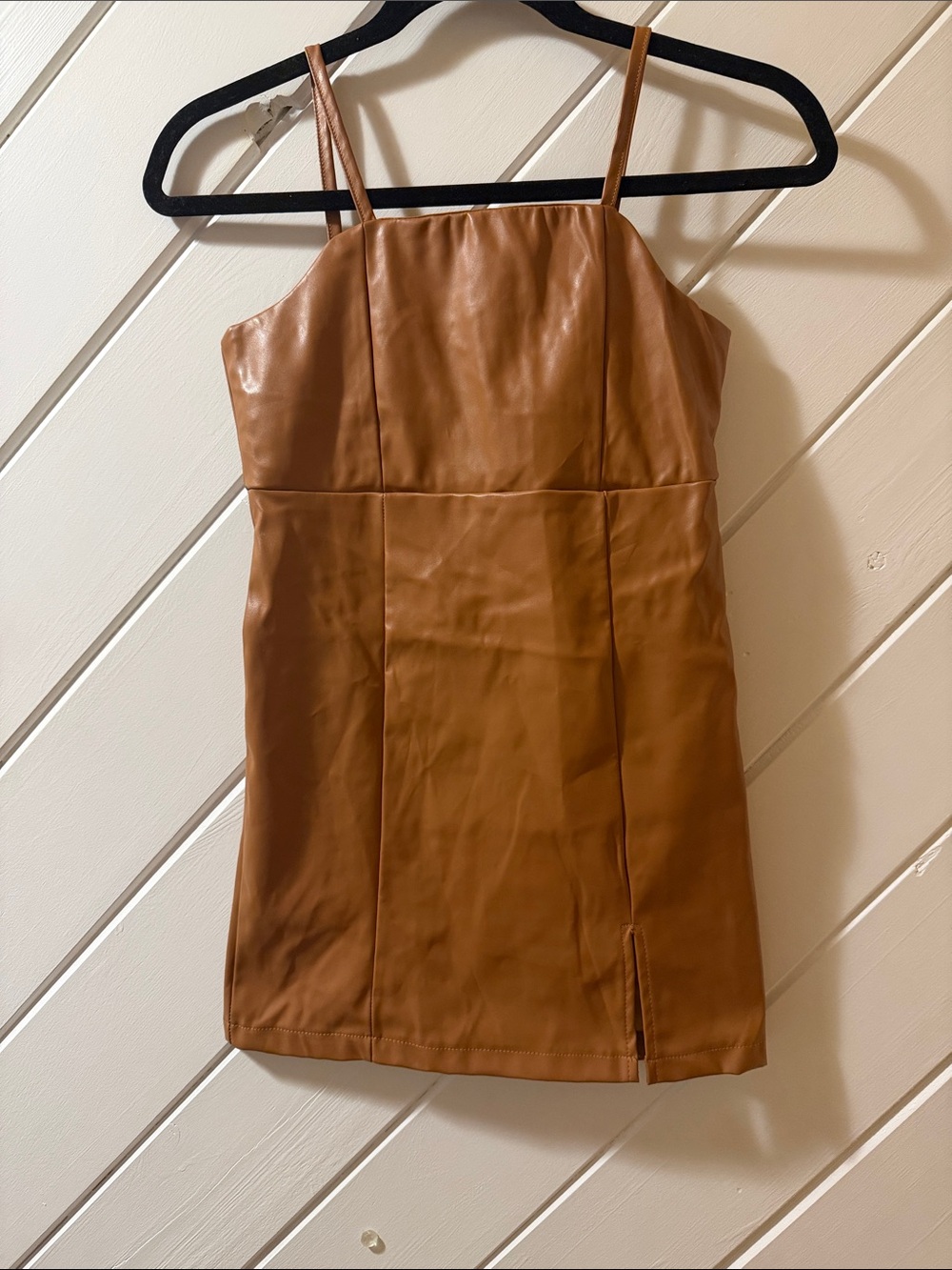 Faux Leather Brown Cami Dress with Slim Straps